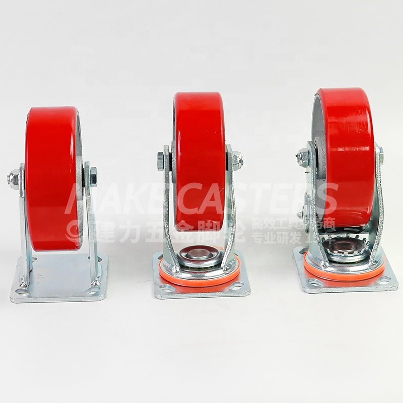 Heavy Duty Casters Wheels Iron Core PU Red Brake Castors Industrial Swivel 4"5"6"8" Inch Cast Logistics Warehouse Automotive Use