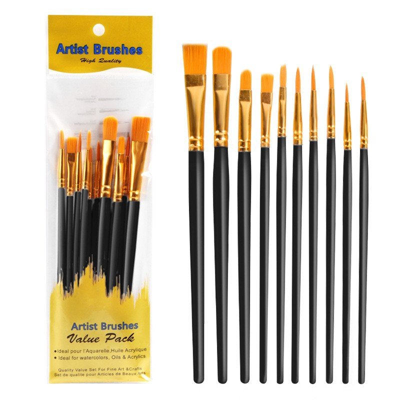 Cross-border 11-piece set of 10 oil brushes, color palette, plastic rod, art watercolor gouache painting brush
