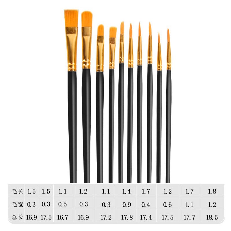 Cross-border 11-piece set of 10 oil brushes, color palette, plastic rod, art watercolor gouache painting brush