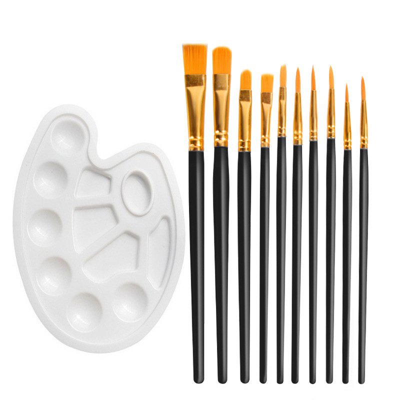 Cross-border 11-piece set of 10 oil brushes, color palette, plastic rod, art watercolor gouache painting brush