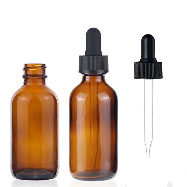 60ml amber 2 oz glass dropper bottle with matt black rubber dropper for essential oil cosmetic packaging