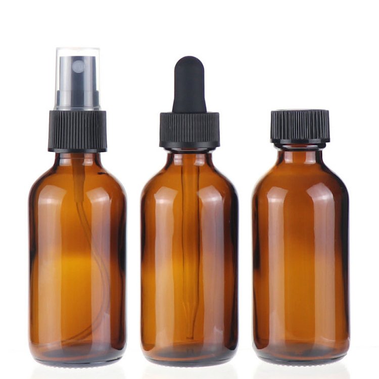60ml amber 2 oz glass dropper bottle with matt black rubber dropper for essential oil cosmetic packaging
