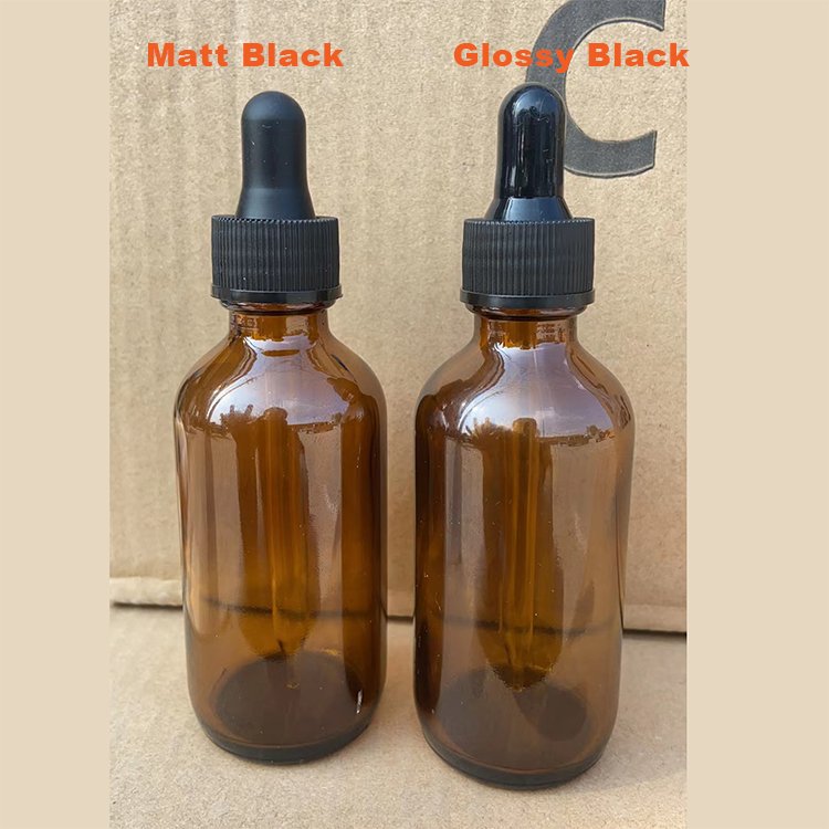 60ml amber 2 oz glass dropper bottle with matt black rubber dropper for essential oil cosmetic packaging