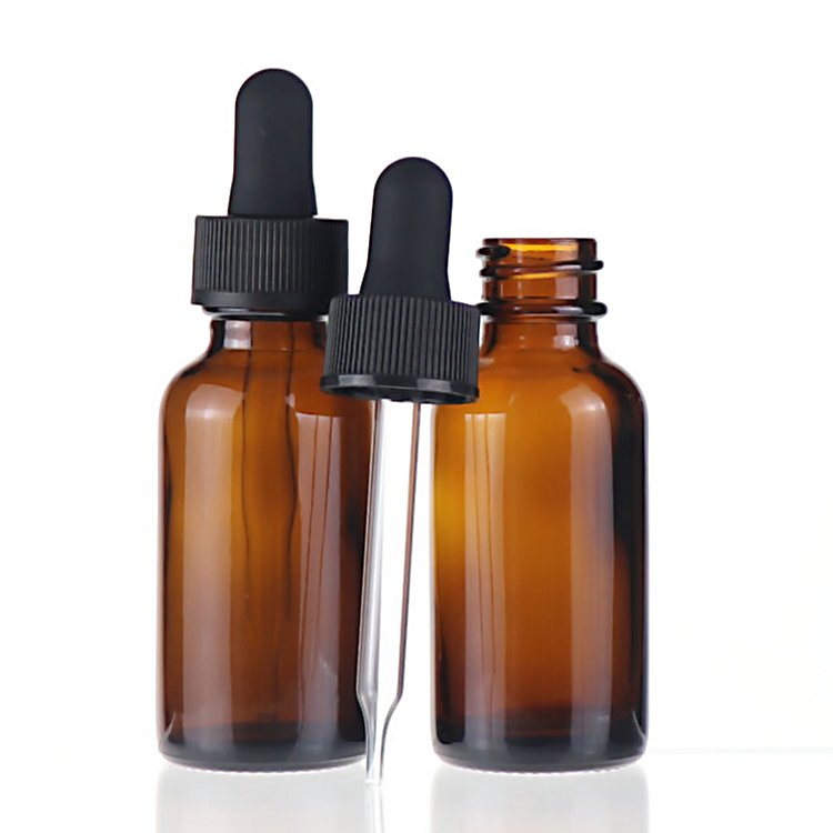 60ml amber 2 oz glass dropper bottle with matt black rubber dropper for essential oil cosmetic packaging