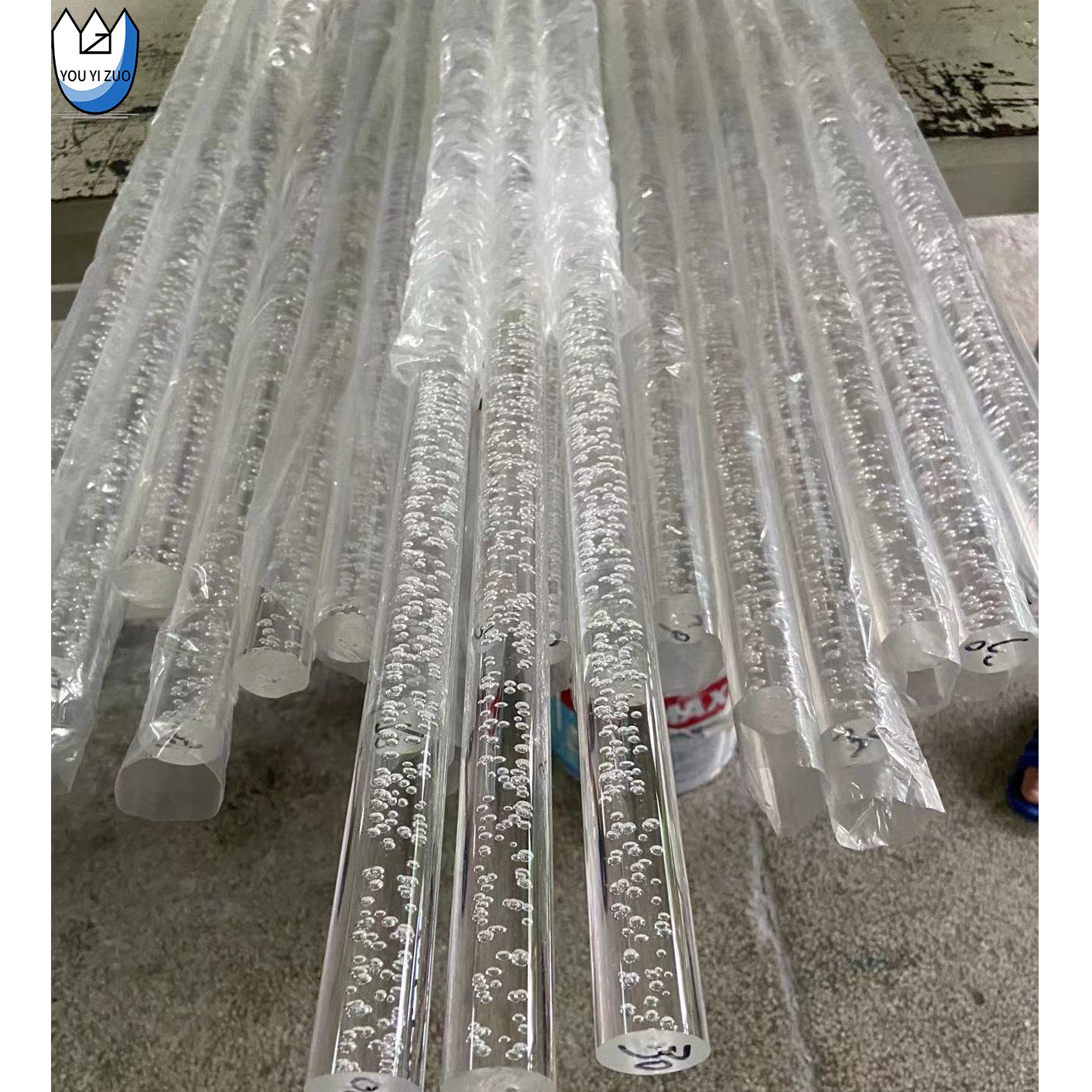 YOUYIZUO Manufacturer Transparent Clear Round Solid Stick Acrylic Square Round Rod Threaded with Bubble For Lighting