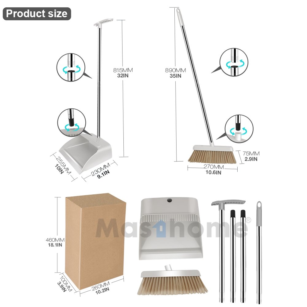Masthome New design PET bristle plastic broom stainless Steel Three sections rod broom with dustpan set for housework
