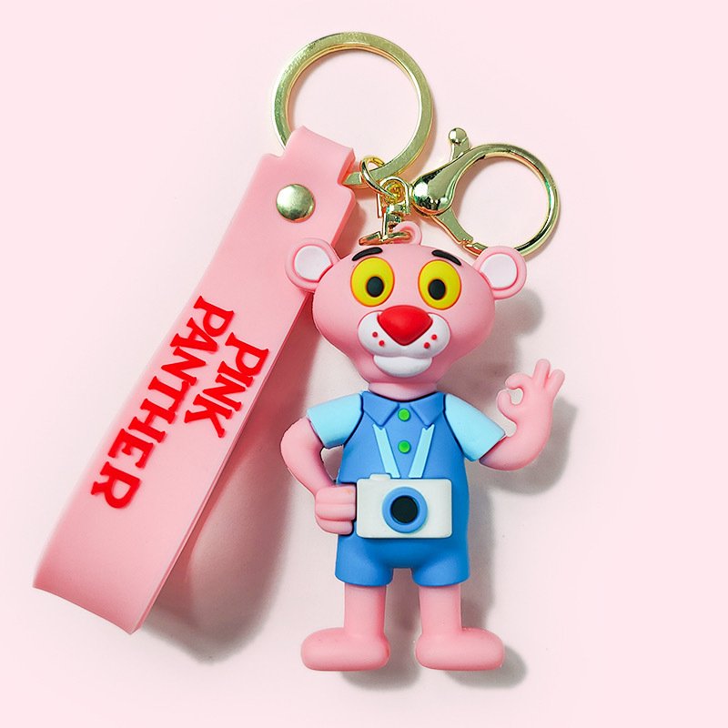 Cartoon Cute 3D Pink Panther Design Keychain Rubber PVC Custom Keyring Backpack Pendant with Wrist Strap Gifts Wholesale Custom