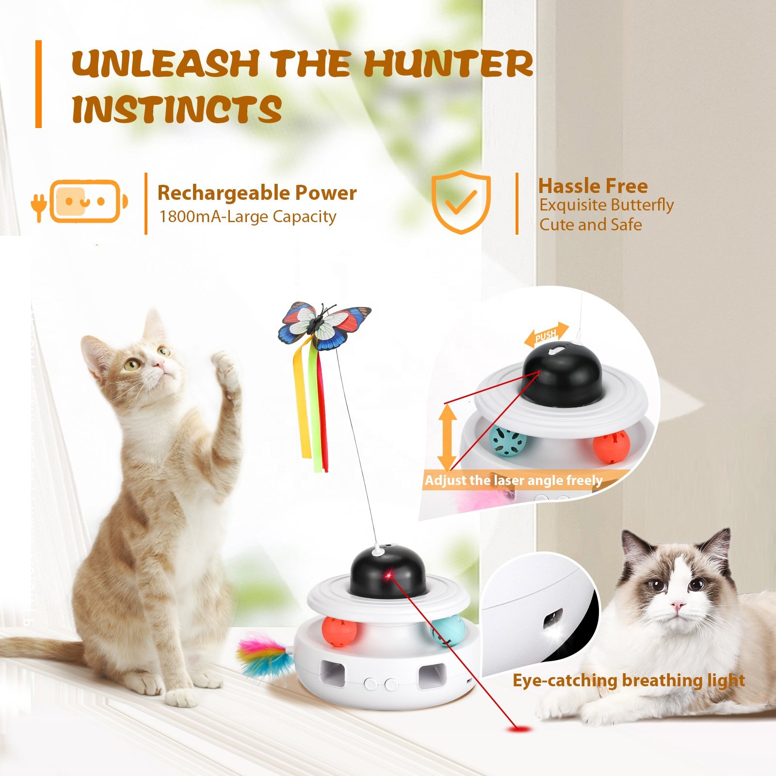 Custom 5-in-1 Interactive Cat Toy, Butterfly Feather Spin Rod, With Track Rolling Ball and Bird Sound Laser Cat Toy