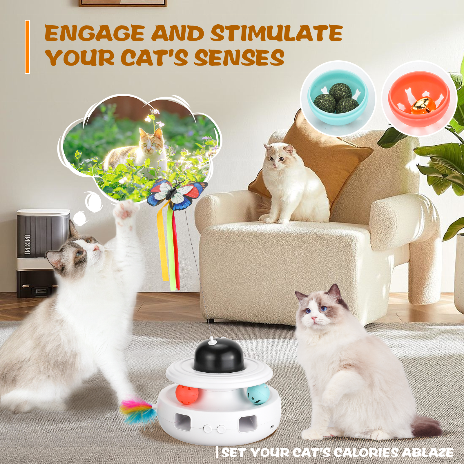 Custom 5-in-1 Interactive Cat Toy, Butterfly Feather Spin Rod, With Track Rolling Ball and Bird Sound Laser Cat Toy