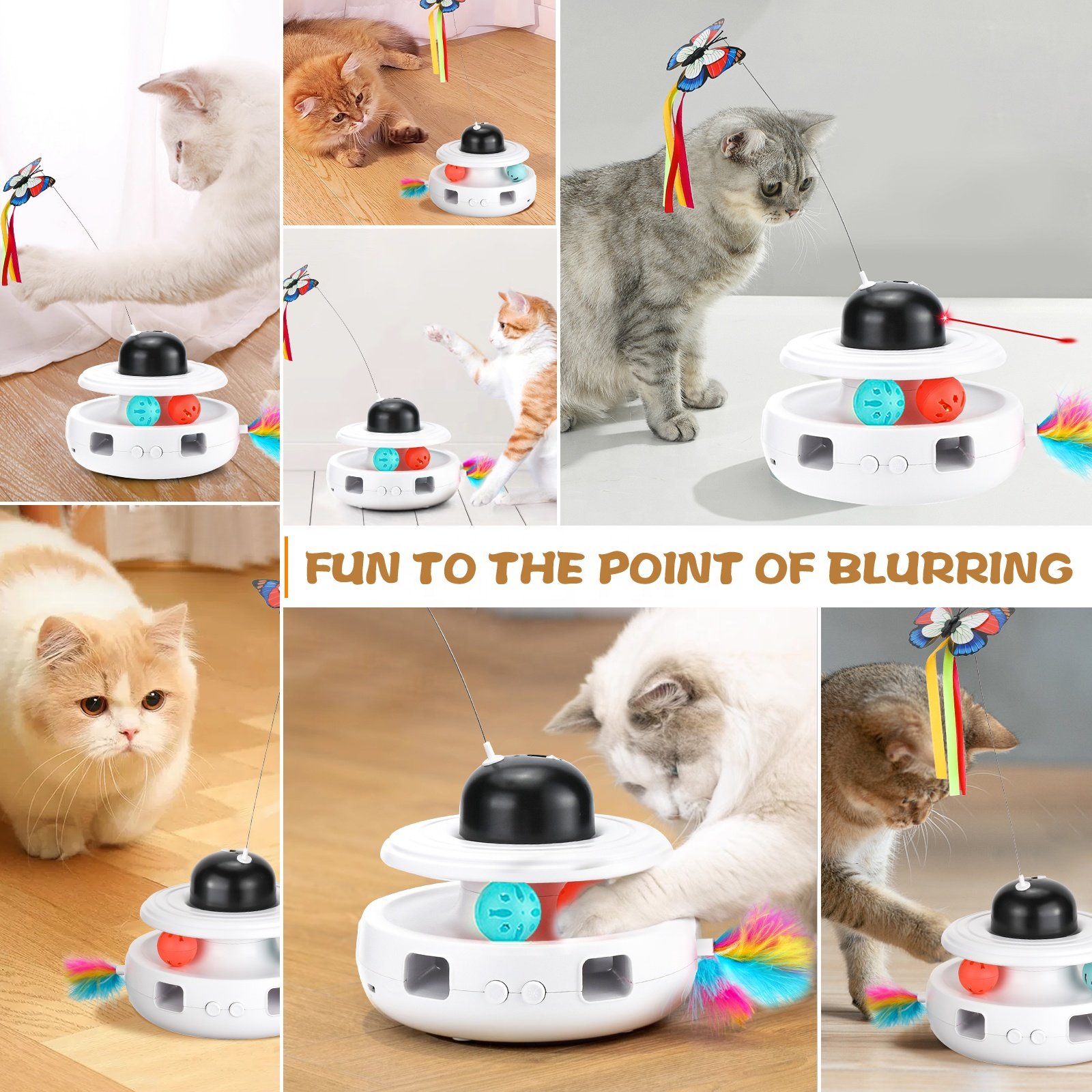Custom 5-in-1 Interactive Cat Toy, Butterfly Feather Spin Rod, With Track Rolling Ball and Bird Sound Laser Cat Toy