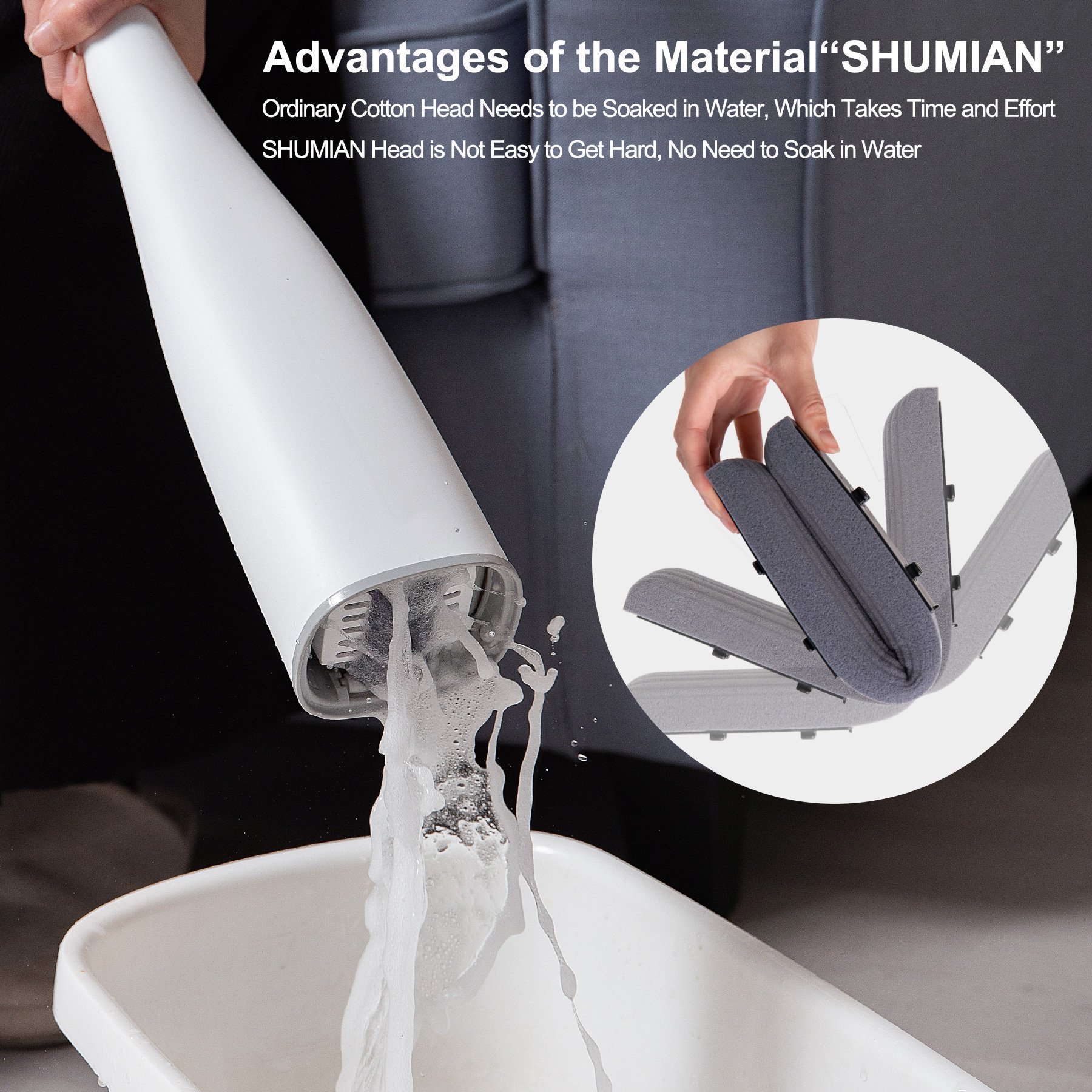 Eyliden Self-wringing Mop Flat with Replace PVA Sponge Heads Free Hand Floor Washing for Bedroom Cleaning Tool Zhejiang White