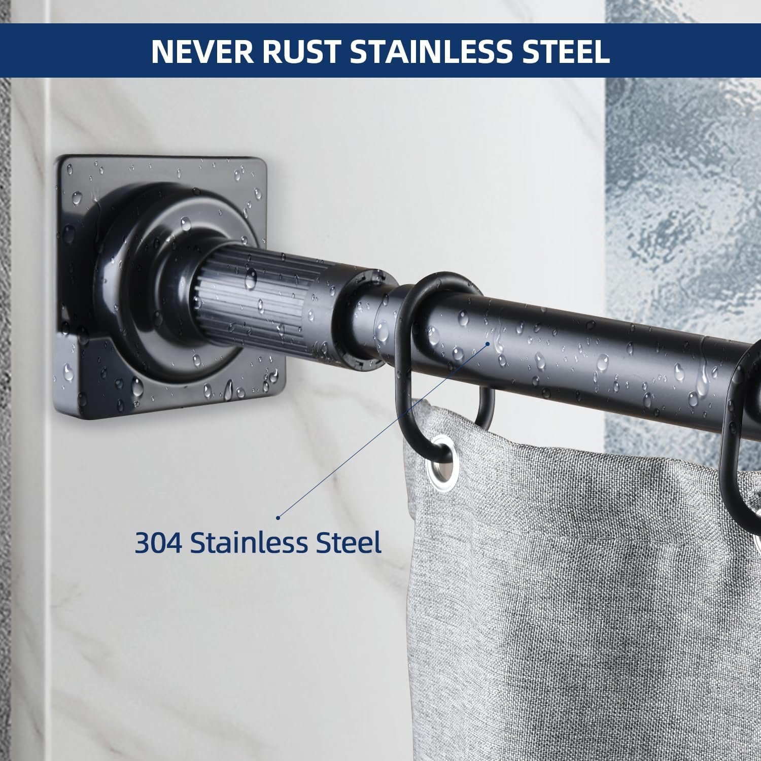 46-76 Inches bathroom Stainless steel tube plastic base black adjustable shower curtain rod