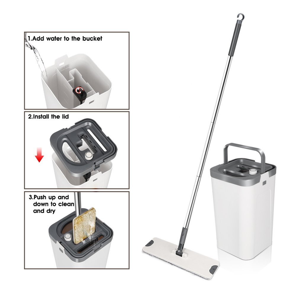 Masthome Hot Selling Stainless Steel Pole Handle Removable magic wash Mop water Squeeze Flat Cleaning Mop with Two Clothes