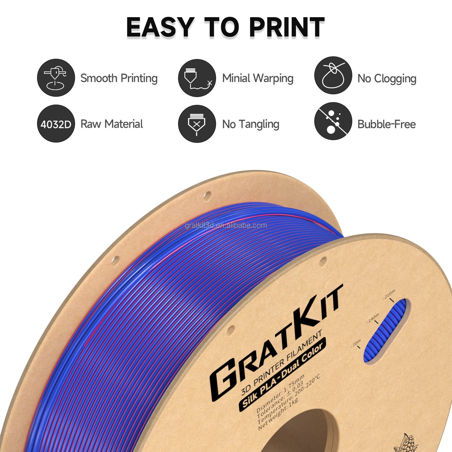Gratkit Hot-selling No Tangle 3d Printer Silk Pla Filament 1.75mm Plastic Rods For FDM Printing