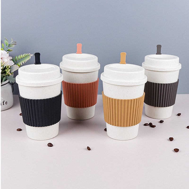 Custom Logo Low Minimum Non-slip sleeve Plastic Reusable Coffee Tea Cup Creative Wheat Straw Coffee Mugs