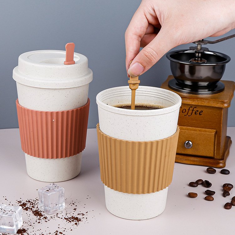 Custom Logo Low Minimum Non-slip sleeve Plastic Reusable Coffee Tea Cup Creative Wheat Straw Coffee Mugs
