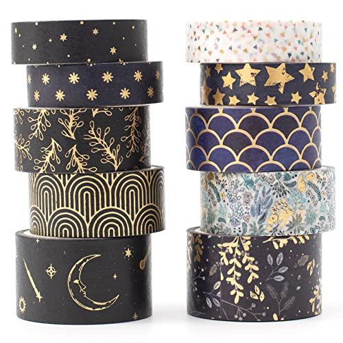 Washi Tape Set Masking Tape Floral Gold Decorative Paper Tape for Scrapbook Arts, DIY Crafts, Card/Gift Wrapping