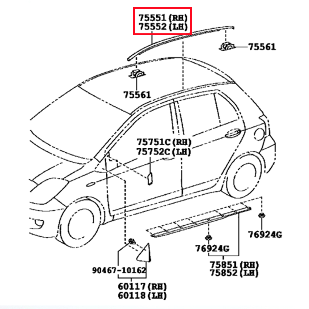 HY Car Left+Right Roof Trim Molding Rubber for ToyotaYaris Hatchback 75552-52180 75551-52200