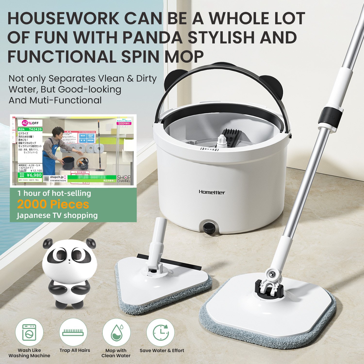 Homettler Patented Cleaning Spin Mop Bucket Set Hot-selling Clean Water & Dirty Water Separated Flat Mop