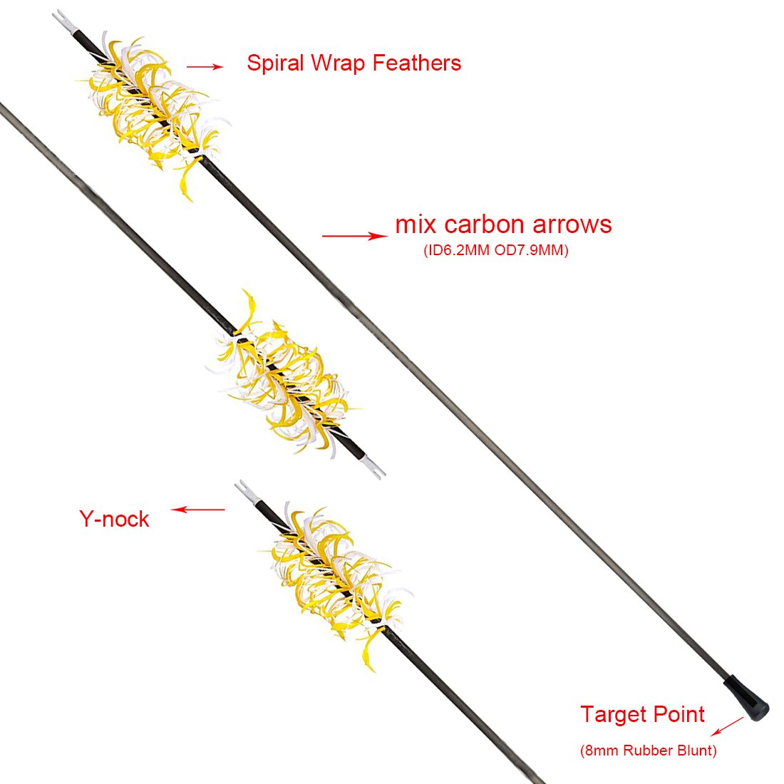 Flu Flu Spine 500 Arrows with Wrap Feathers ID6.2MM Archery 8mm Rubber Blunt Target Point Y-nock Bow Shooting