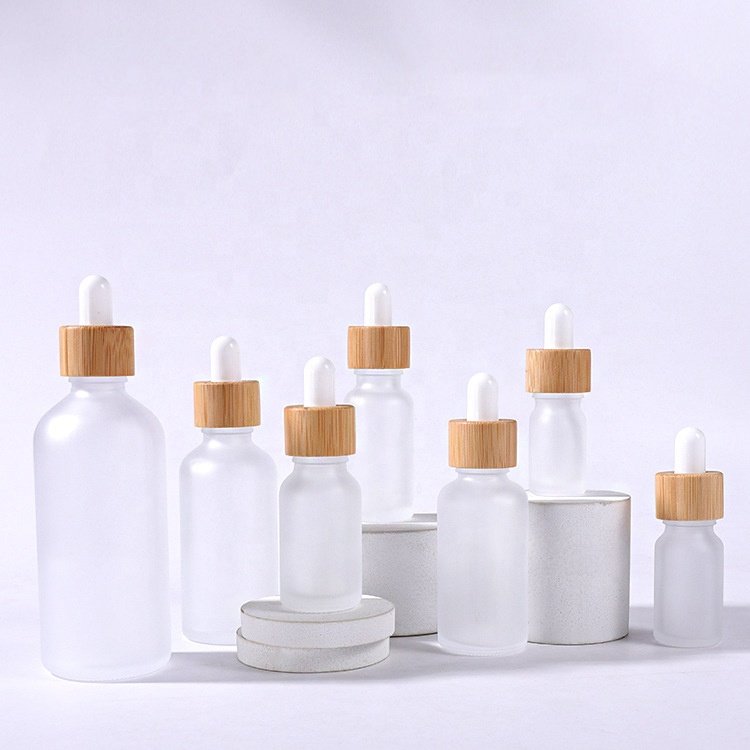 5ml 10ml 15ml 20ml 30ml 50ml 100ml Euro Round Clear Frosted Glass Serum Essential Oil Tincture Dropper Bottle with Bamboo Cap
