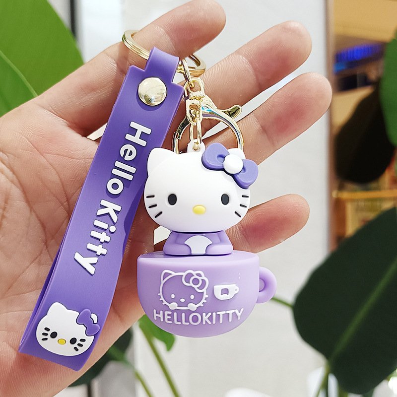 Hot sale 3D PVC Cartoon Cup Kitty Cat Key Ring Kawaii Hello Kitty Keychains Silicone Cute Key Chains for Bags