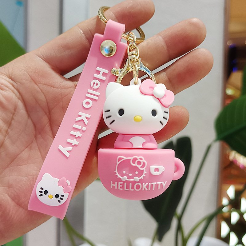 Hot sale 3D PVC Cartoon Cup Kitty Cat Key Ring Kawaii Hello Kitty Keychains Silicone Cute Key Chains for Bags