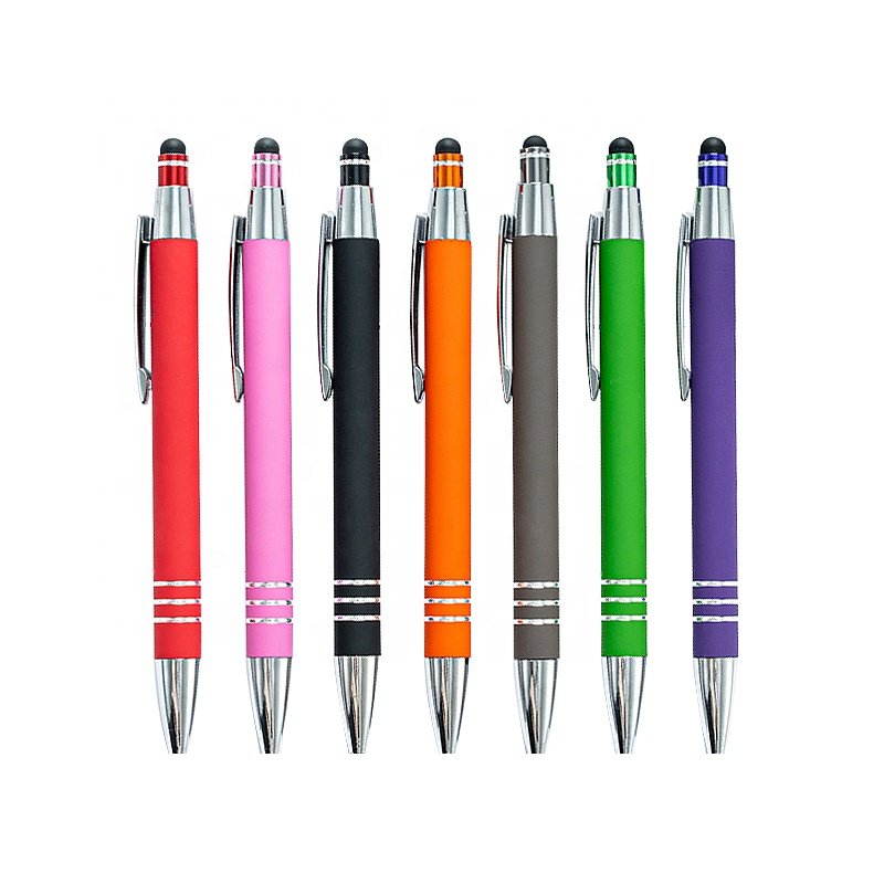 New press rubber plastic spray ballpoint pen for mobile phone touch screen handwriting pen printing logo aluminum rod pen
