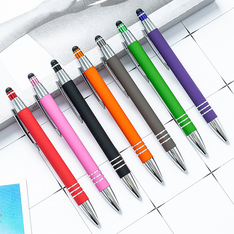 New press rubber plastic spray ballpoint pen for mobile phone touch screen handwriting pen printing logo aluminum rod pen