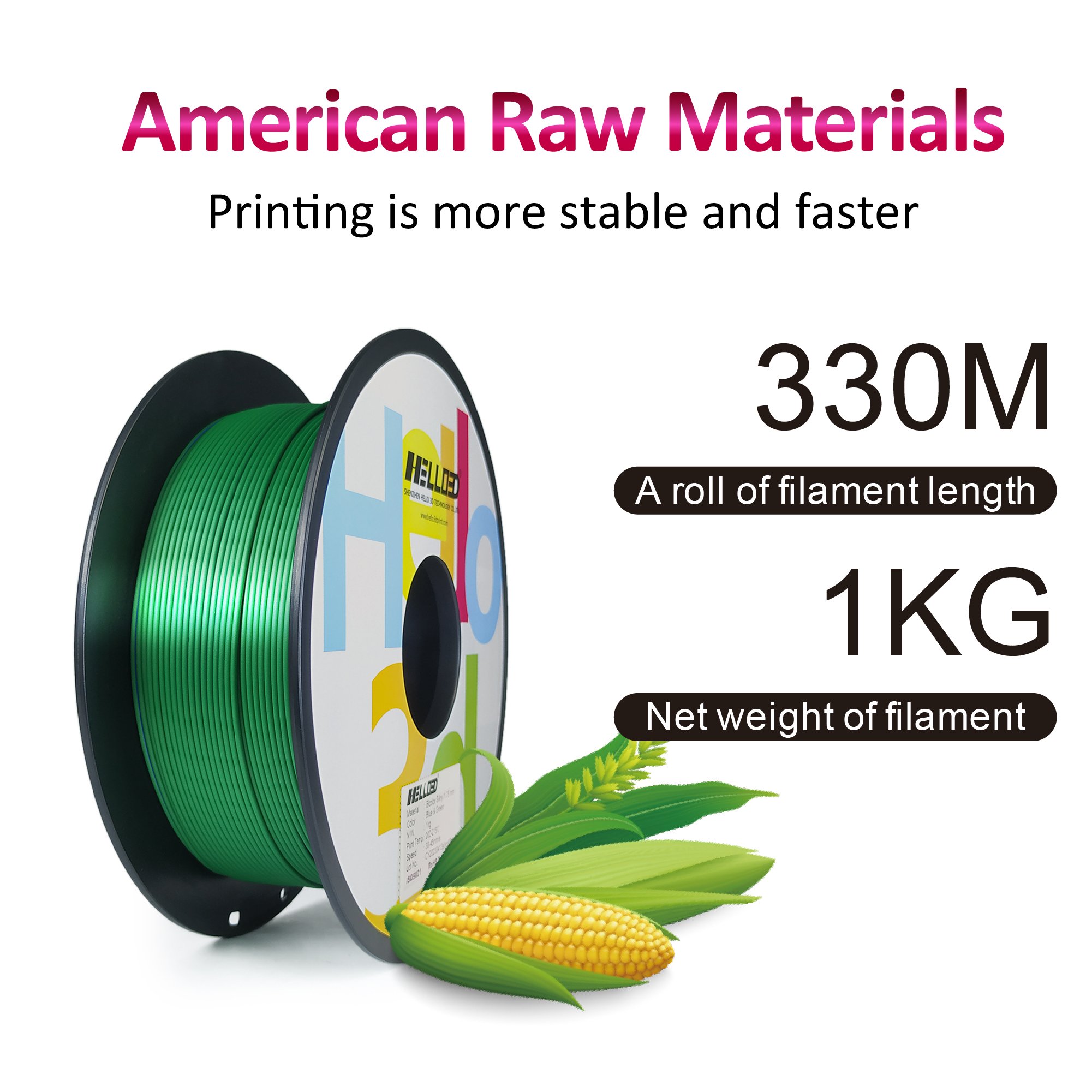 Hello3D Dual Color Silky PLA 1.75mm Blue+Green 1kg Silk-like Bicolor Magic color change PLA 3D printer filament