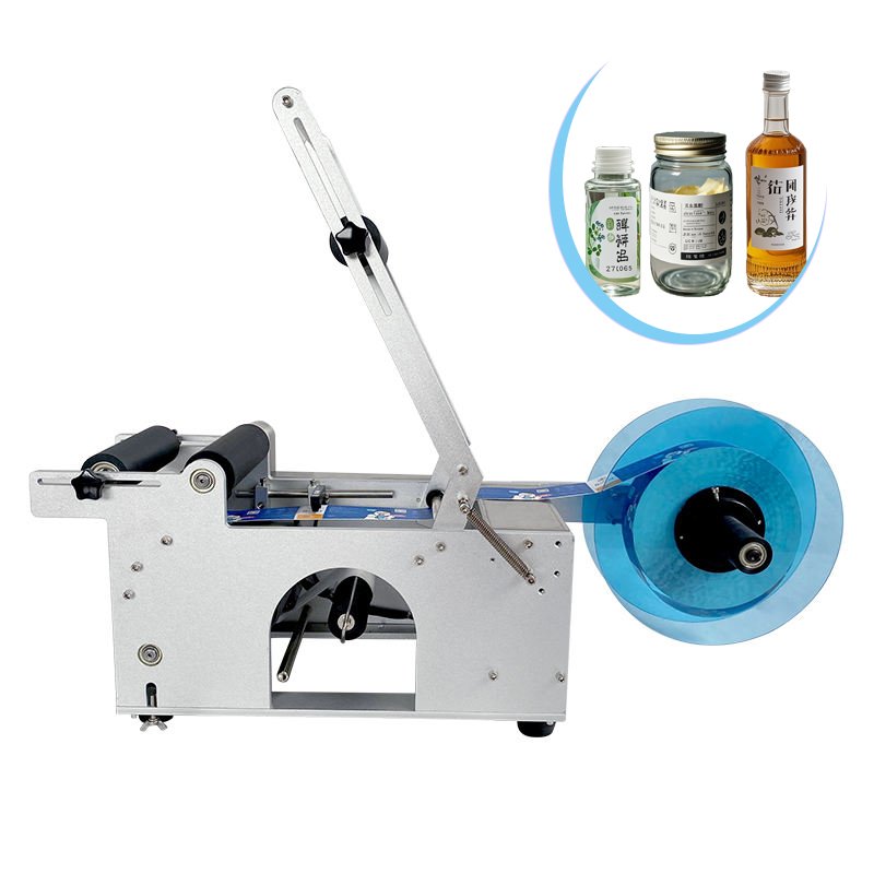 DM-MT50Y High Quality Semi-automatic Tabletop Hand Press Adhesive Label Round Bottle Jar Beverage Glass Labeling Machine