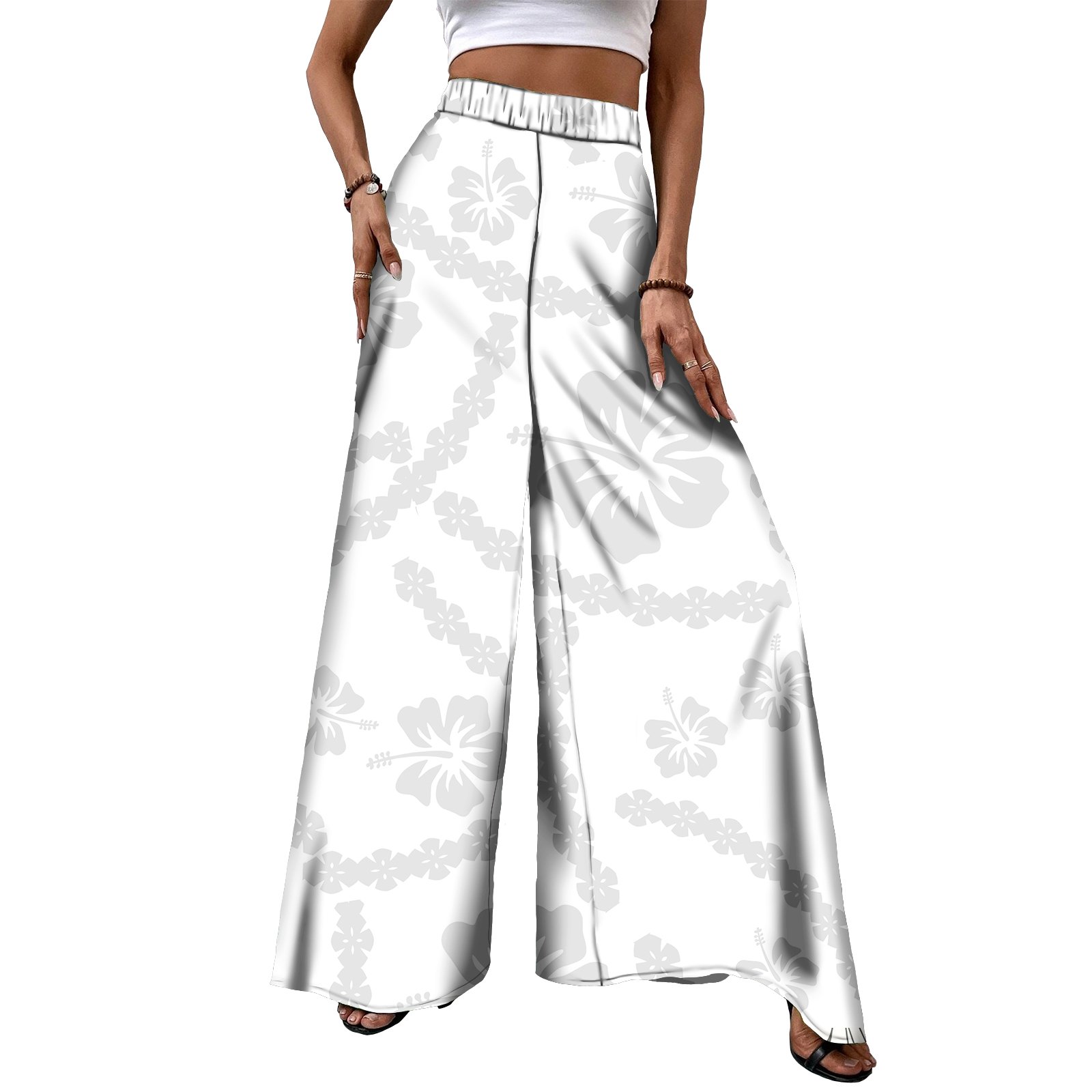 White Casual Fashion Plus Size Elastic Wide Leg Pants Hawaii Floral Women's High Waist Polynesian Tribal Samoa Fiji Custom