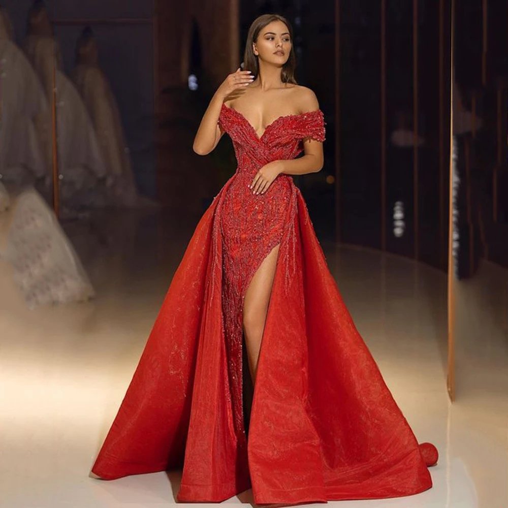 Red Formal Dress Off Shoulder With Detachable Train Vestidos De Noche Elegant Ceremony Long Woman Gala Party Dresses