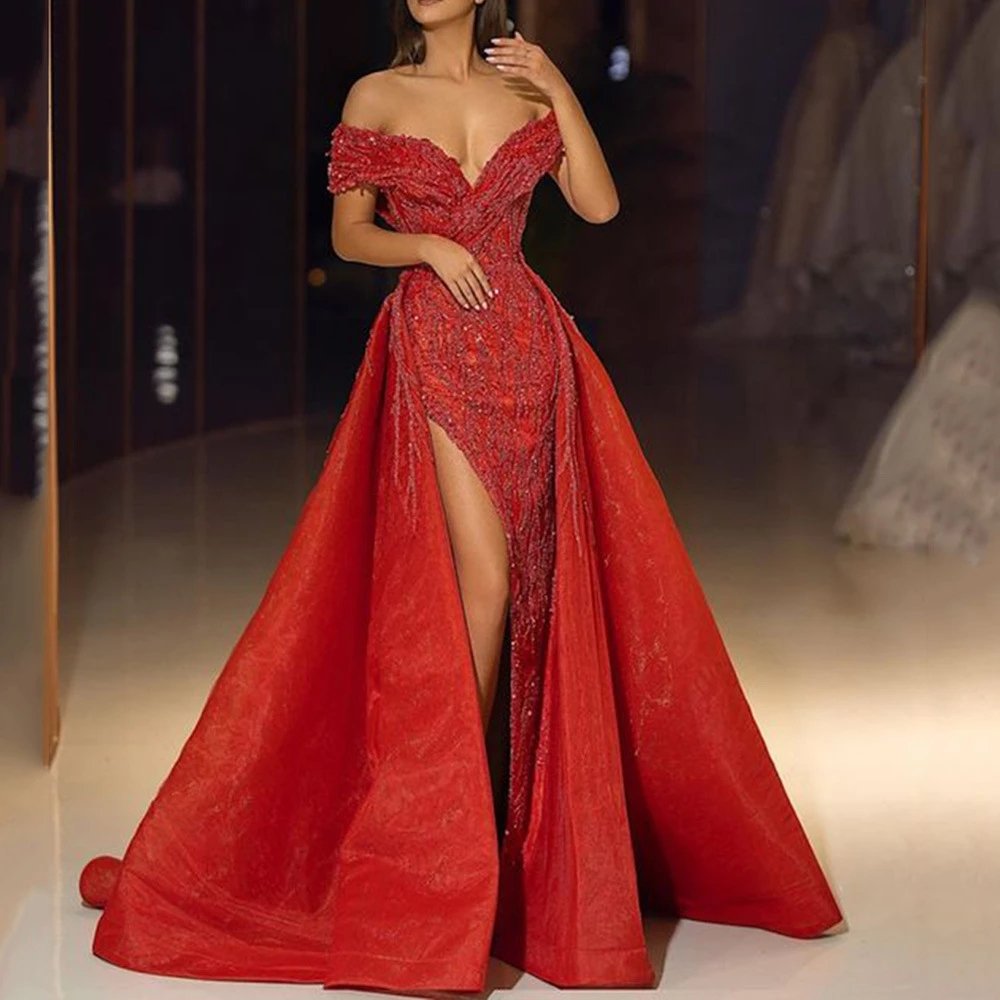 Red Formal Dress Off Shoulder With Detachable Train Vestidos De Noche Elegant Ceremony Long Woman Gala Party Dresses