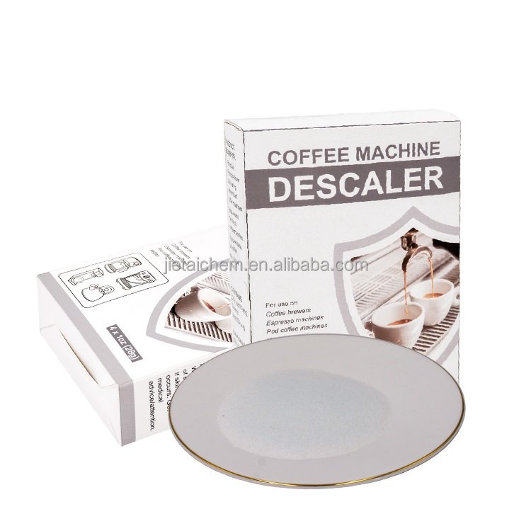 Descaling powder solution removes limescale buildup for espresso machines, kettles