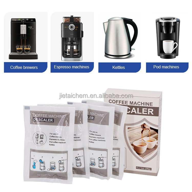 Descaling powder solution removes limescale buildup for espresso machines, kettles