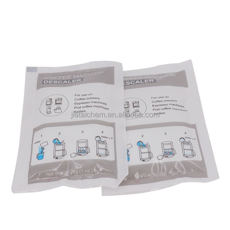 Descaling powder solution removes limescale buildup for espresso machines, kettles