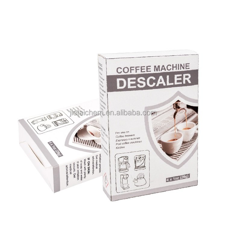 Descaling powder solution removes limescale buildup for espresso machines, kettles