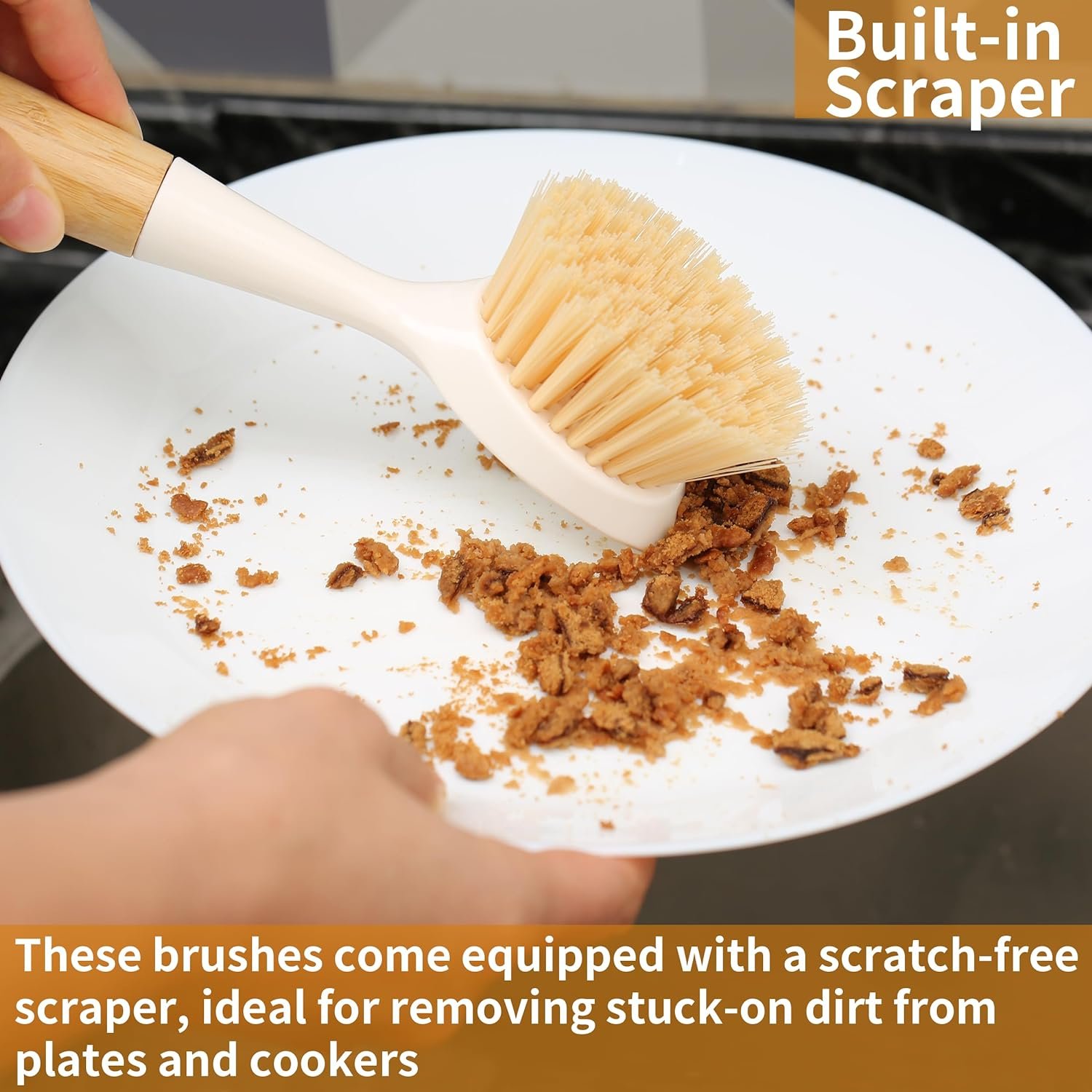 Factory Wholesale Kitchen Dish Brush Bamboo Handle Dish Scrubber Built-in Scraper Scrub Cleaning Brushes Household Daily Chemica