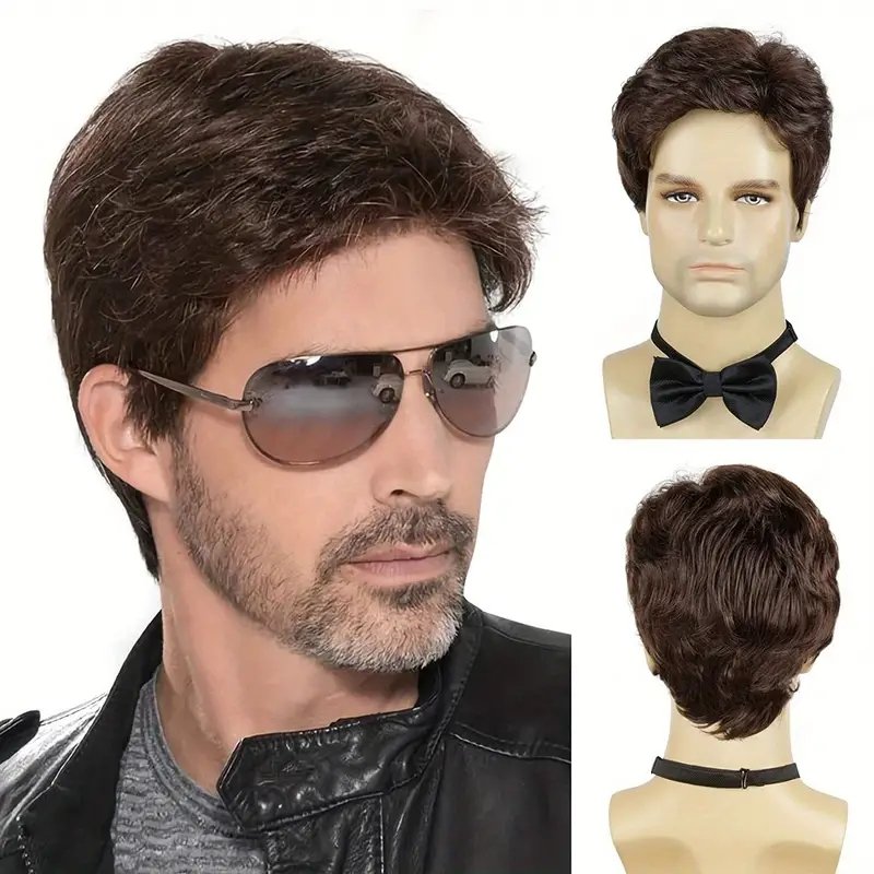 Wholesale Multiple Colors Men Hair Fleeciness Realistic Natural Toupee Wigs Short Male Straight Chemical Fiber Synthesis Wigs