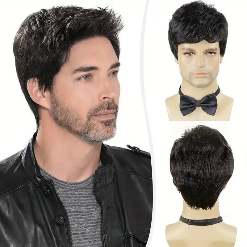 Wholesale Multiple Colors Men Hair Fleeciness Realistic Natural Toupee Wigs Short Male Straight Chemical Fiber Synthesis Wigs