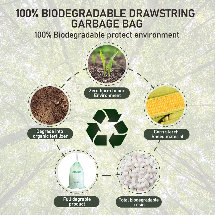 100%biodegradable &compostable cornstarch waterproof plastic drawstring trash garbage bags on roll