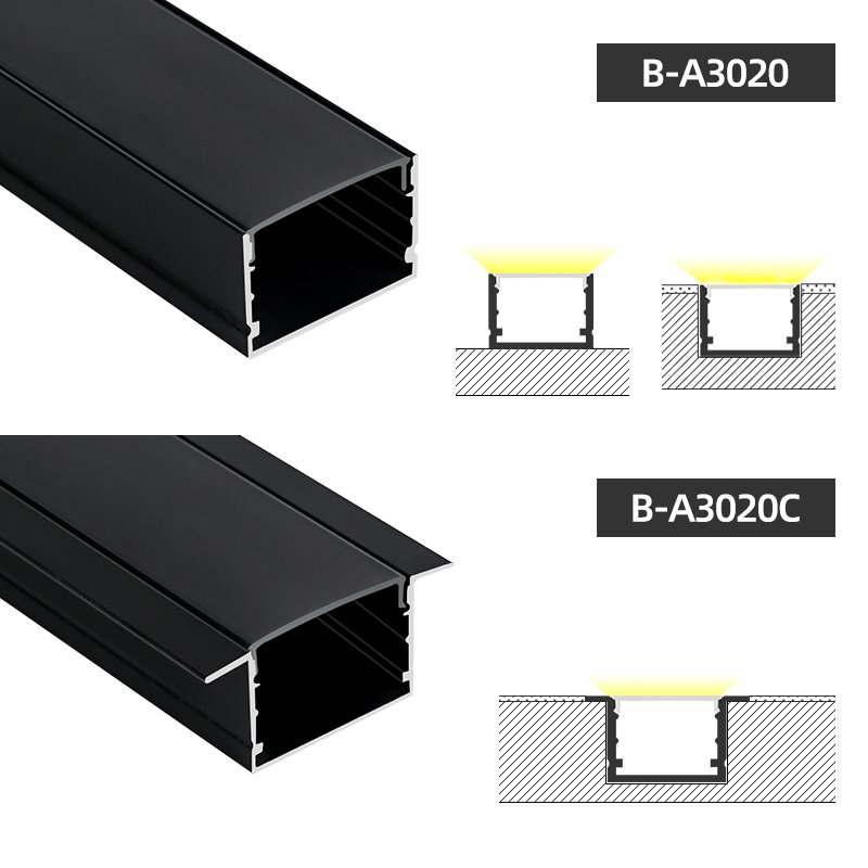 B-A3020 Black Profile Aluminum Extrusion Channel With PC Cover Aluminum U Channel Profile for Ceilling Lighting