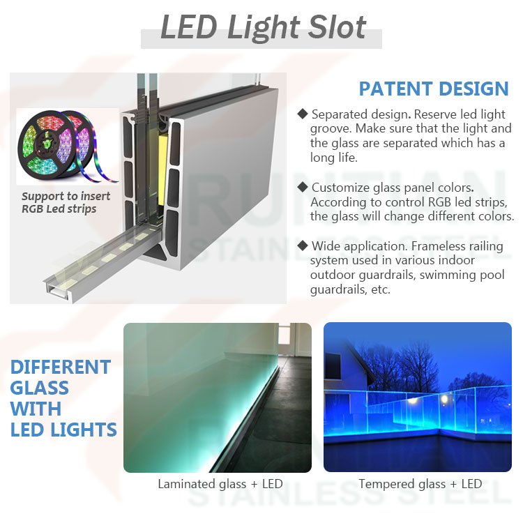 Precision extruded 6063 staircase frameless glass railing u slot shape base aluminum extrusion profile with led strip light