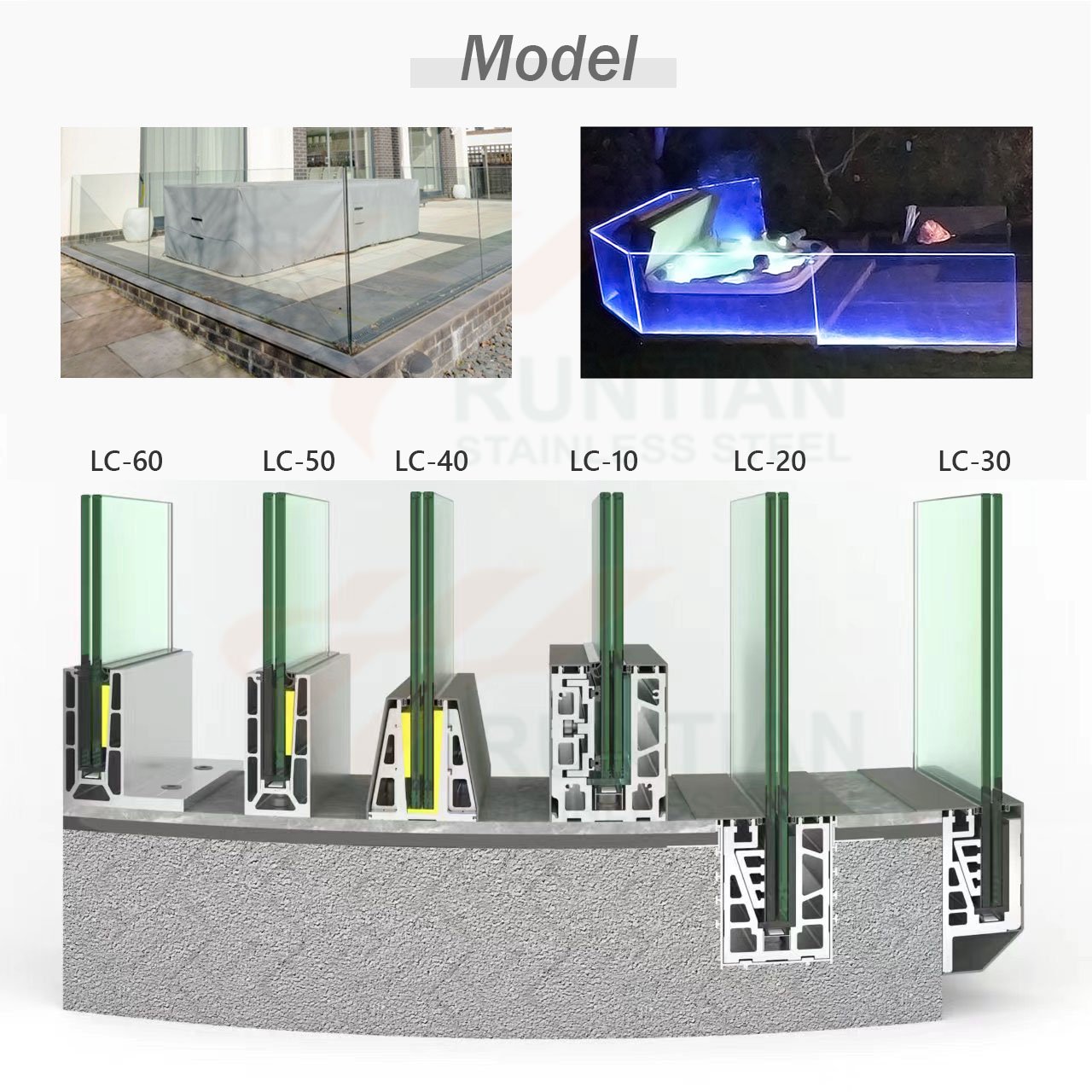 Precision extruded 6063 staircase frameless glass railing u slot shape base aluminum extrusion profile with led strip light