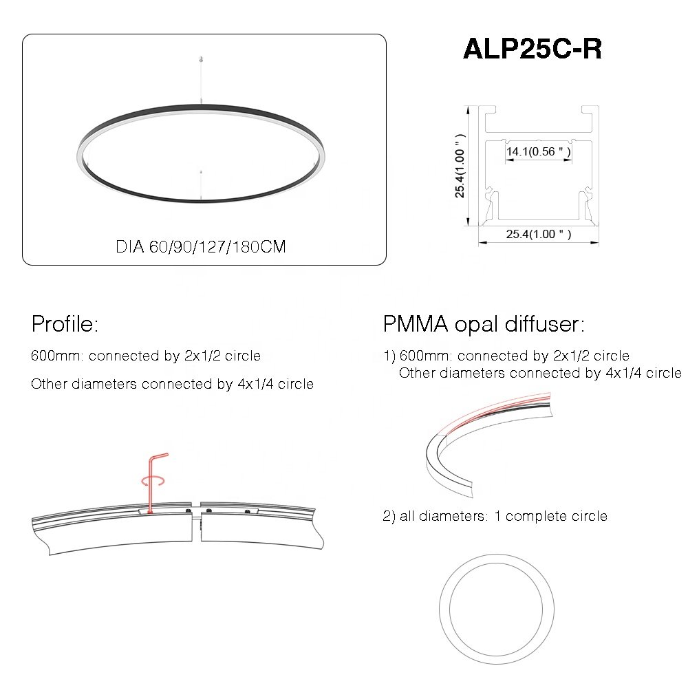 60CM 90CM 127CM 180CM Circle Pendant Aluminum Profile With PMMA Opal Diffuser For LED Circle Light