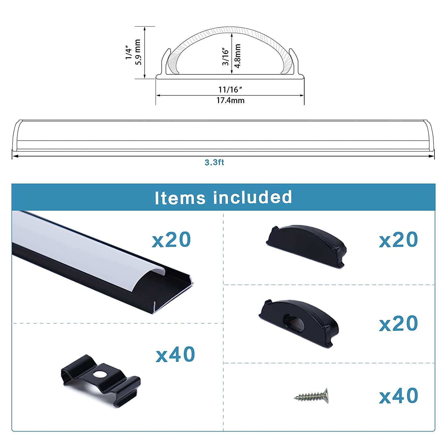 Flexible LED Channel with Milky White Cover Lens Black Bendable Aluminum Profile Housing Diffuser for Strip Tape Light 20PACK 1M