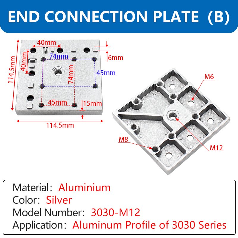 30 Series M12 End Connection Plate (B) Flange Mount Caster Base Plate Aluminum Silver Base Plate For 30 T-slot Aluminum Profile