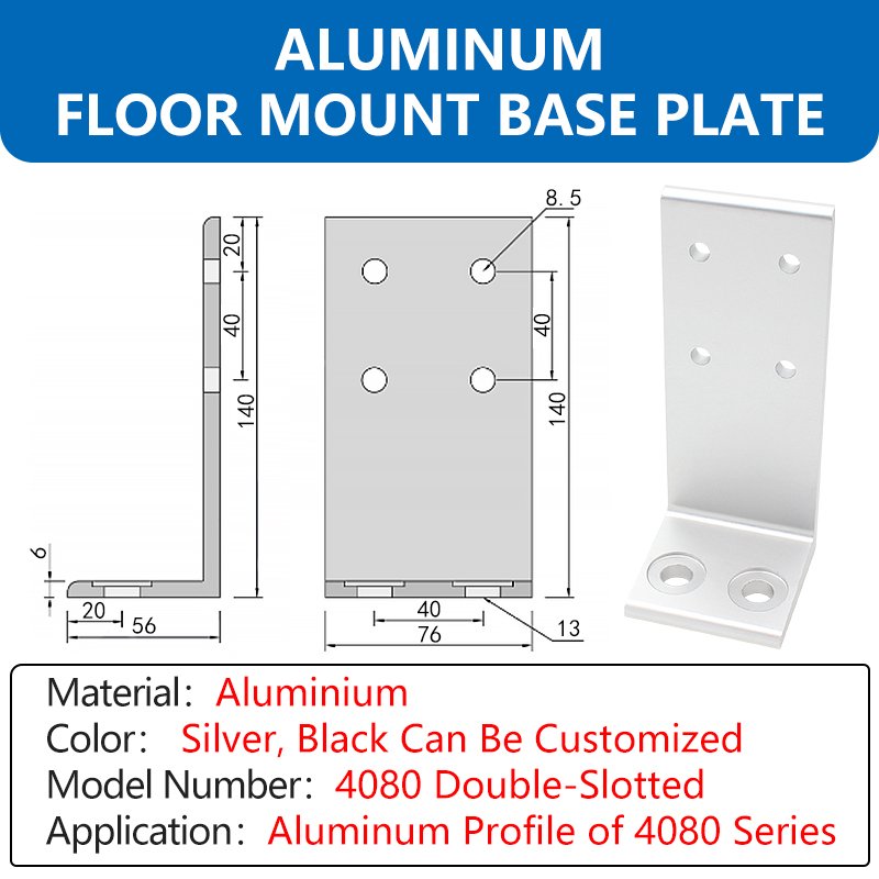 4080 Series Double-Slotted Aluminum Floor Mount Base Plate Sliver Anodizing For 40x80 T-slot Aluminum Profile