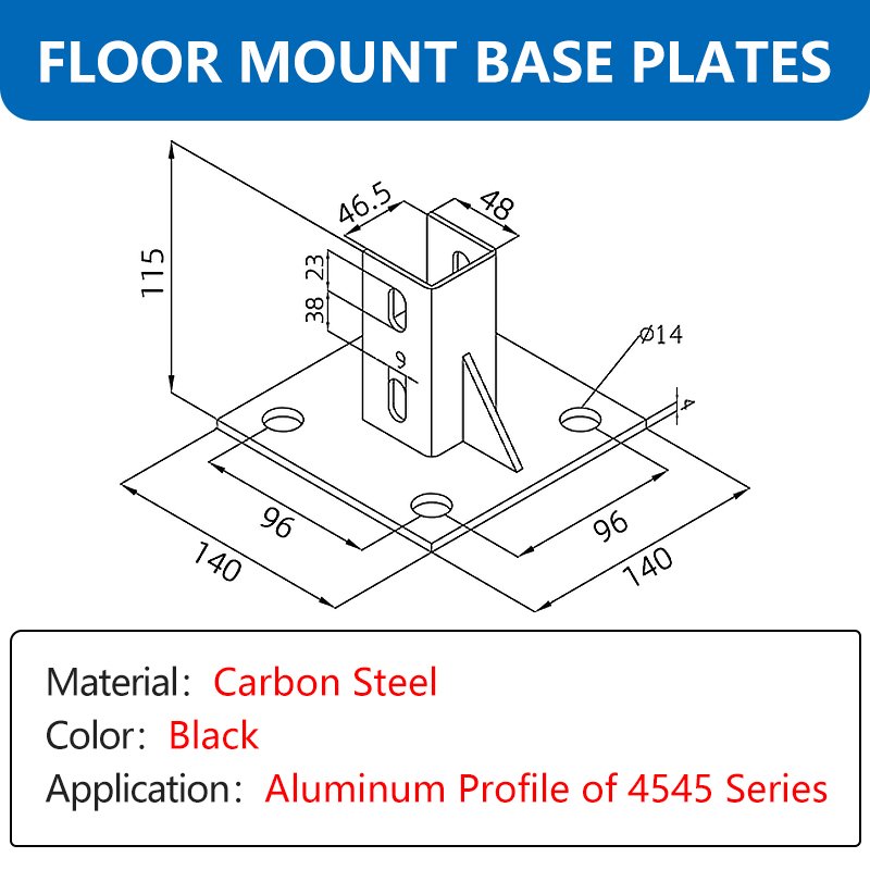 4545 Series Black Carbon Steel Floor Mount Base Plates Seismic bracket Fixed Base For 4545 T Slot Aluminium Profile Extrusion